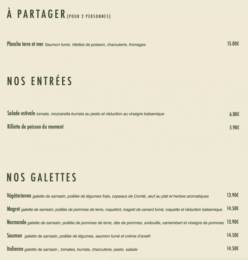 Menu table de l'acadiane